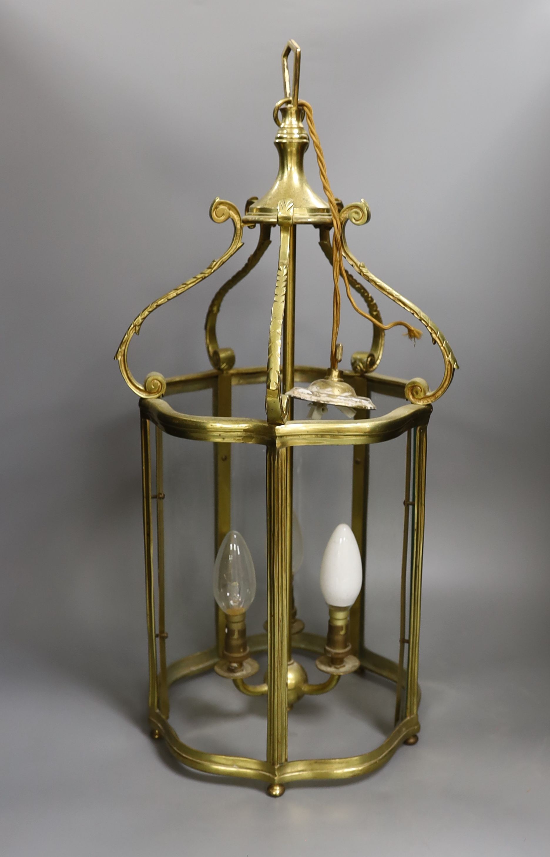 A three light brass lantern and a Japanese bronze jardiniere